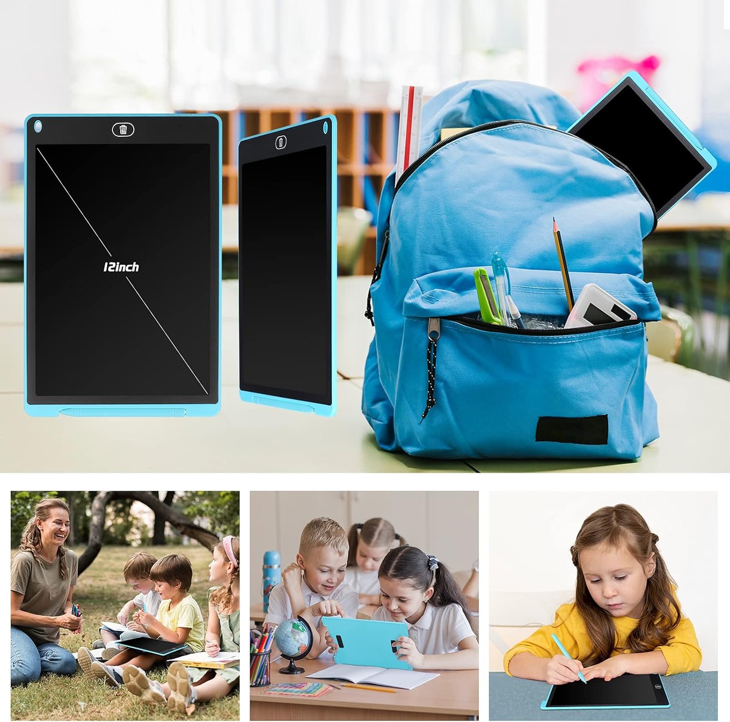 71FnKZRV1L._AC_SL1500_.jpg LCD tabuľka Coolzon, 12-palcová farebná obrazovka, tabuľka na kreslenie pre deti a dospelých, vymazateľná LCD tabuľka, elektronická tabuľka na kreslenie, prenosný LCD tablet na kreslenie a písanie, svetlo modrá