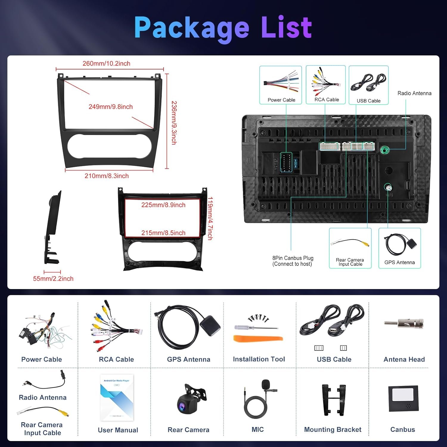 71OwLZGnwAL._AC_SL1500_.jpg 4G 64G Podofo 9" autorádio s Bluetooth pre Mercedes-Benz triedy C/GLK W203 W209 C180 C200 C203 C209 A209 2004–2011, CarPlay, Android Auto, WiFi, GPS navigácia, HiFi/RDS/FM, DSP, 1280 × 720, zadná kamera AHD