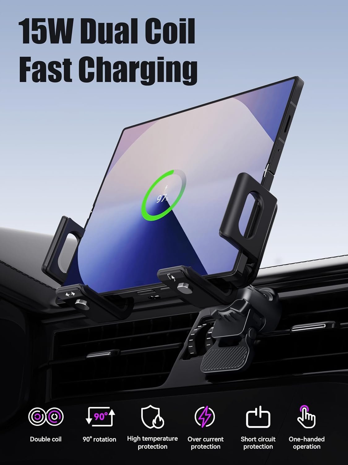 Držiak na mobilný telefón do auta pre Galaxy Z Fold/Flip s funkciou nabíjania, podporuje rýchle nabíjanie Qi 15 W s automatickým otočením o 90°, kompatibilný s modelmi Samsung Galaxy Z Fold/Z Flip 7/6/5/4/3/2, S25/S24
