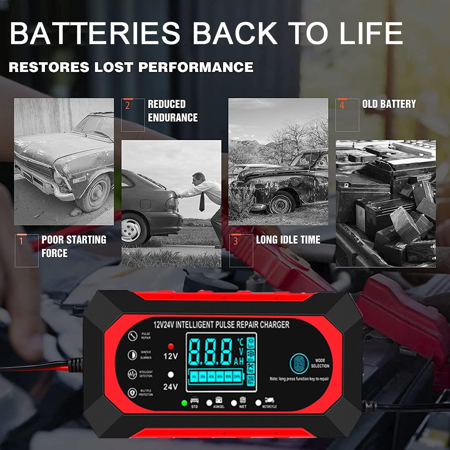 10 A nabíjačka autobatérií, 12 V/24 V Smart – plne automatická nabíjačka do auta s LCD displejom, vhodná pre osobné a nákladné automobily, motocykle, kosačky na trávu, člny a lodné batérie
