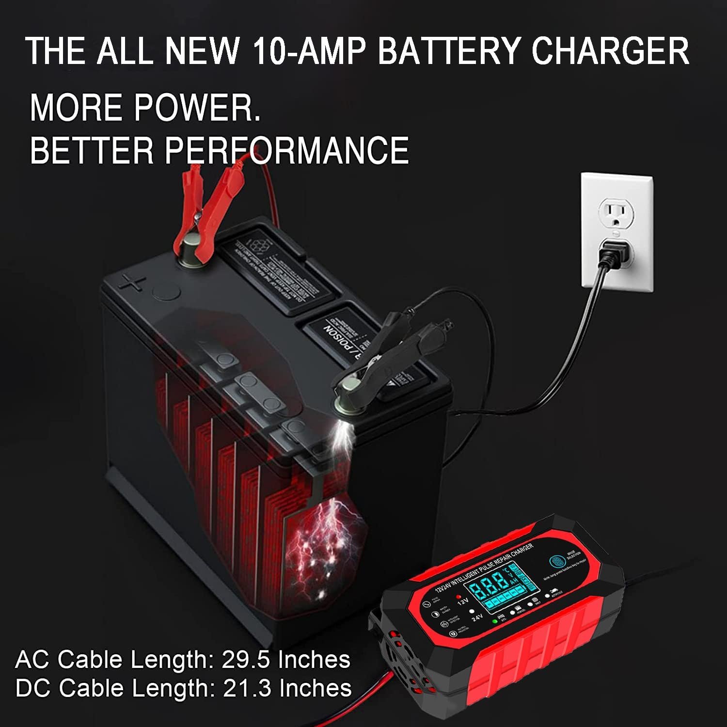 10 A nabíjačka autobatérií, 12 V/24 V Smart – plne automatická nabíjačka do auta s LCD displejom, vhodná pre osobné a nákladné automobily, motocykle, kosačky na trávu, člny a lodné batérie