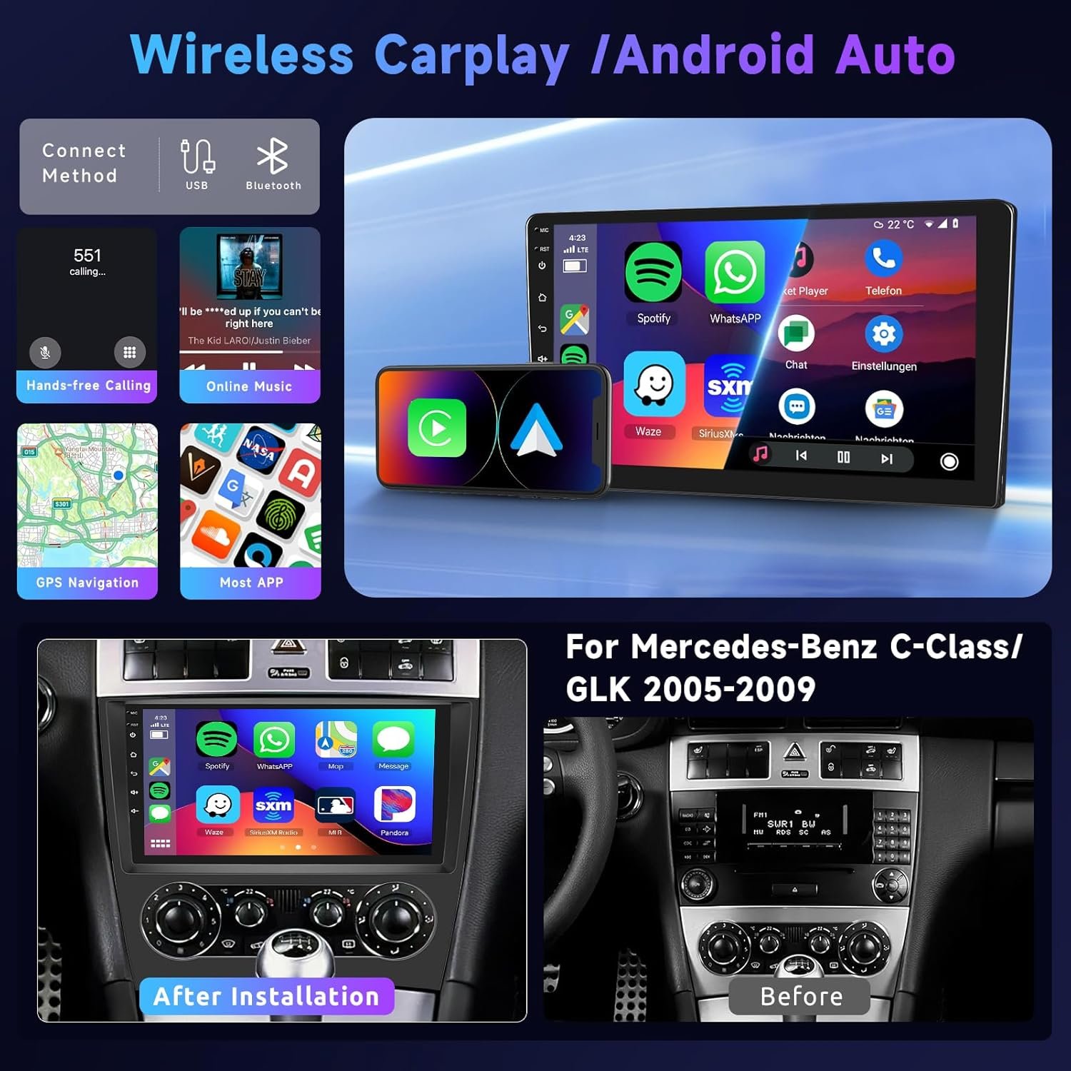 71wV0mHv3DL._AC_SL1500_.jpg 4G 64G Podofo 9" autorádio s Bluetooth pre Mercedes-Benz triedy C/GLK W203 W209 C180 C200 C203 C209 A209 2004–2011, CarPlay, Android Auto, WiFi, GPS navigácia, HiFi/RDS/FM, DSP, 1280 × 720, zadná kamera AHD
