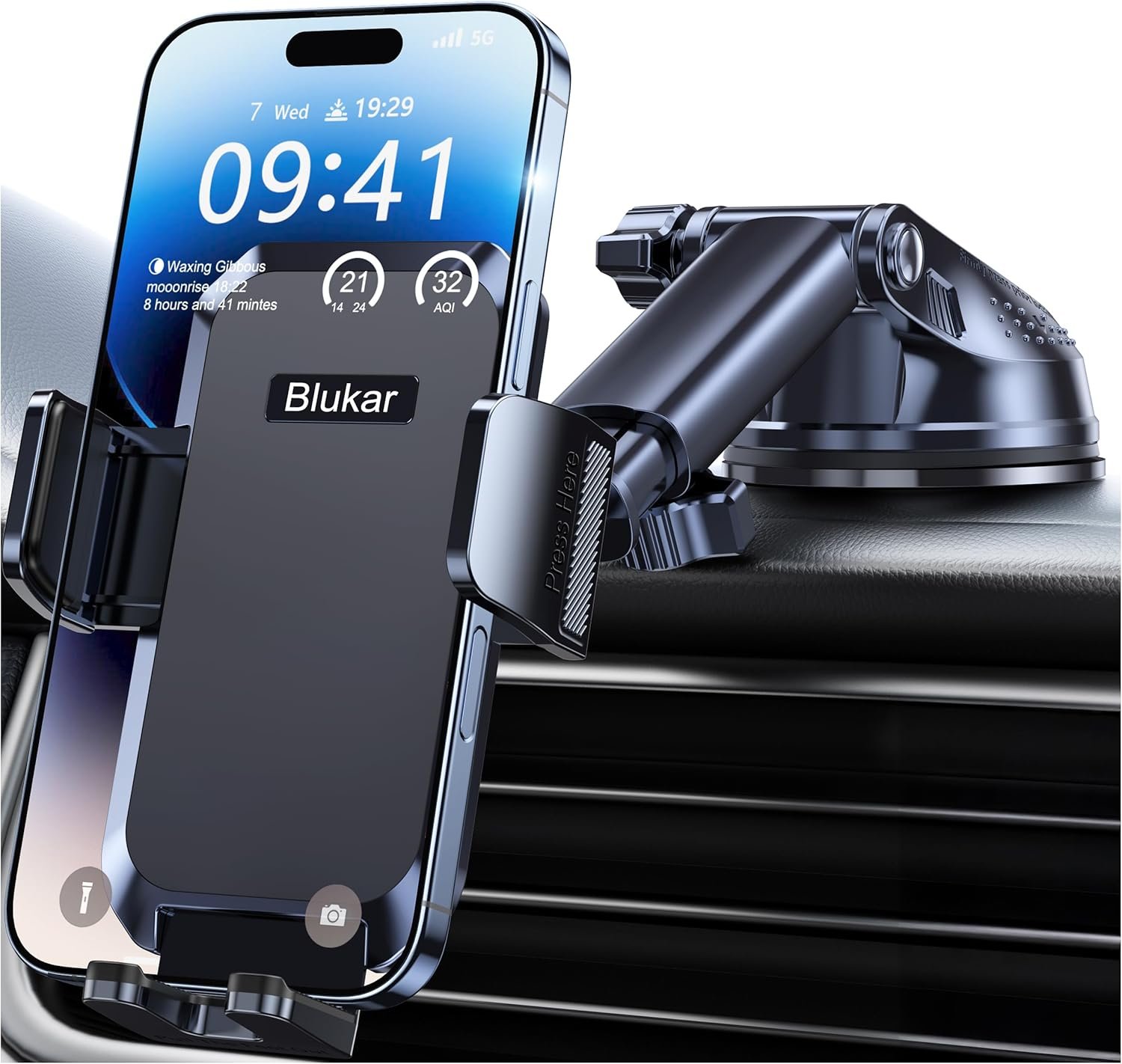 Blukar Držiak na mobilný telefón Auto Upgrade Držiak na mobil do auta, na palubnú dosku a čelné sklo s uvoľnením jedným tlačidlom, otočný o 360° pre iPhone, Galaxy, Mate atď.