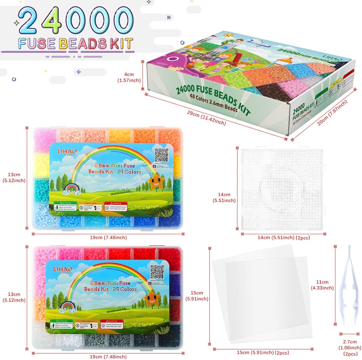 LIHAO 24000 MINI Sada korálikov na žehlenie – malé navliekacie koráliky v triediacom boxe, detské DIY koráliky na dosku na žehlenie, ako darček pre deti (2,6 mm, 48 farieb, mini)