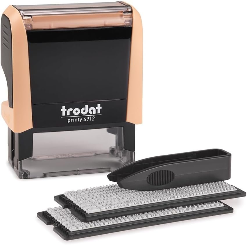 51YIaxN0RL._AC_SL1000_.jpg Trodat Printy 4912 Sada pečiatok s pastelovým krémom, ktorý si môžete sami doplniť – 4 riadky textu, odtlačok 47 x 18 mm, nemčina, vrátane pinzety, čierneho atramentového vankúšika a sady písmen a čísiel v dvoch farbách