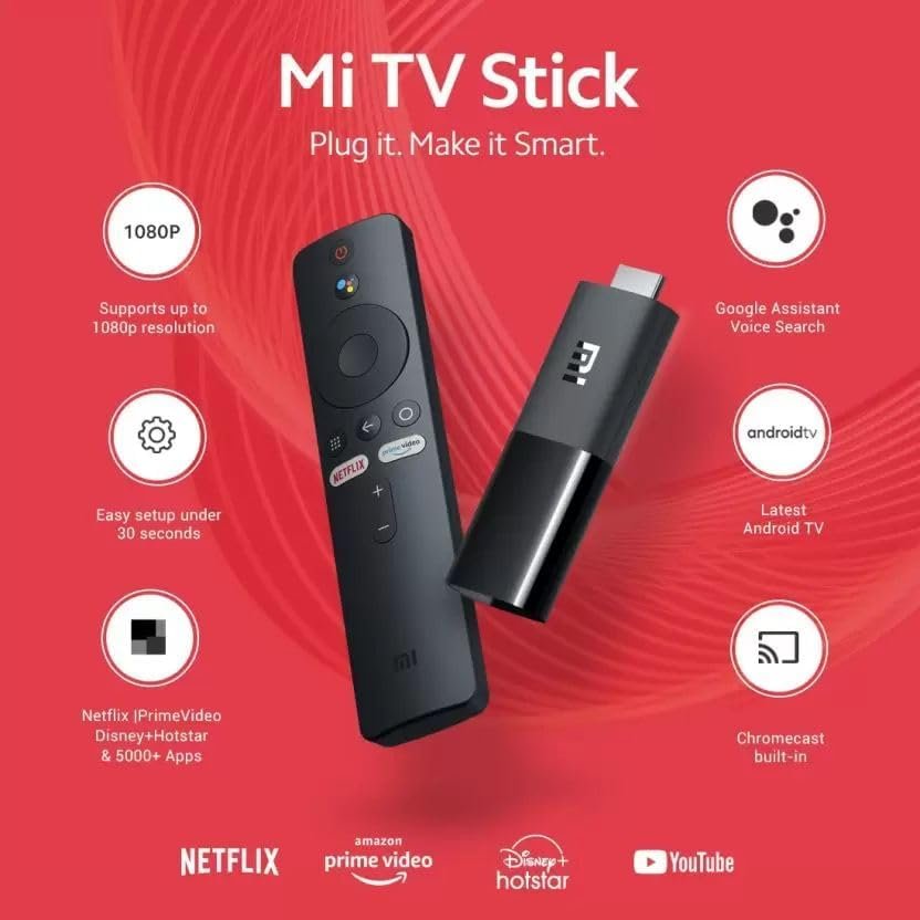 Xiaomi MI TV Stick s diaľkovým ovládačom s Bluetooth, Google Assistant a tlačidlom Netflix + Prime Video (Android TV 9.0 s Google Play Store, Smart Cast, priestorový zvuk Dolby a DTS, Wi-Fi)