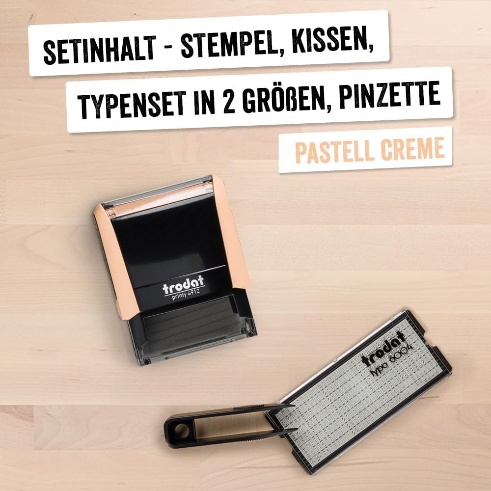 61kF2yN5OnL._AC_SL1000_.jpg Trodat Printy 4912 Sada pečiatok s pastelovým krémom, ktorý si môžete sami doplniť – 4 riadky textu, odtlačok 47 x 18 mm, nemčina, vrátane pinzety, čierneho atramentového vankúšika a sady písmen a čísiel v dvoch farbách