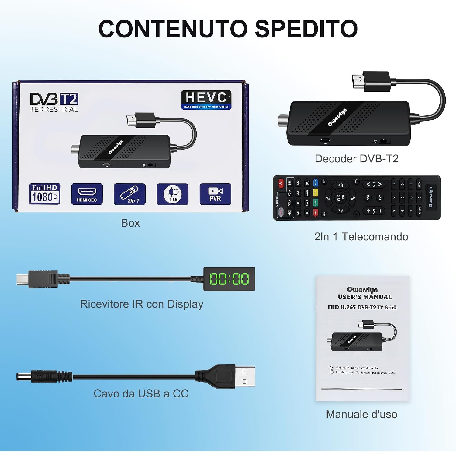 Digitálny pozemný dekodér 2024 DVB-T2 HD 1080p H.265 HEVC Main 10 bitov, TV Stick s podporou HDMI CEC, výstupom HDMI/AV a multimediálnymi funkciami USB, funkciou PVR, infračerveným diaľkovým ovládačom 2 v 1 (M3 Stick)