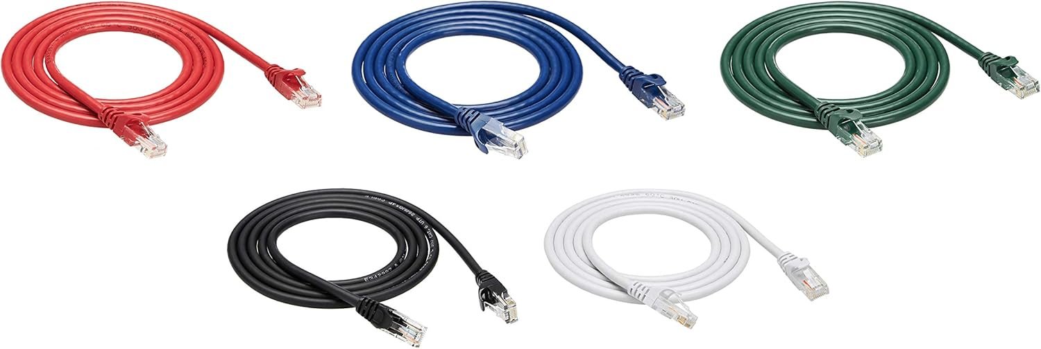 Ethernetový kábel Amazon Basics RJ45 Cat6, kompatibilný s PC, notebookom, televízorom a smerovačmi, rýchlosť modemu až 10 Gb/s, dĺžka 1,5 m, viacfarebný, balenie po 5 kusoch