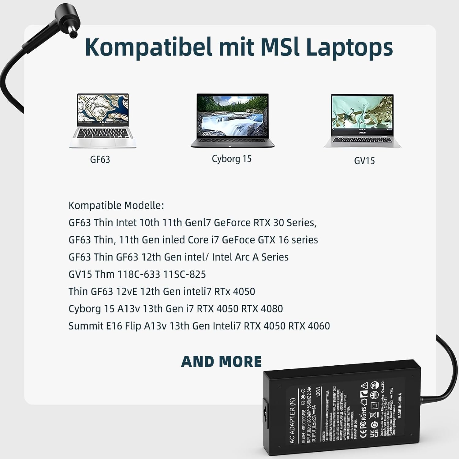 71ClgSi1vL._AC_SL1500_.jpg shefor Sieťový adaptér 120 W, nabíjací kábel pre notebooky, kompatibilný s MSI GV15, GF63, 10, 11, 12Th, Intel Core, notebooky MS-16R5, MS-16R6, MS-16R7, MS-16R8, Cyborg 15, A13V, Summit E16, Flip A13V, nabíjačka