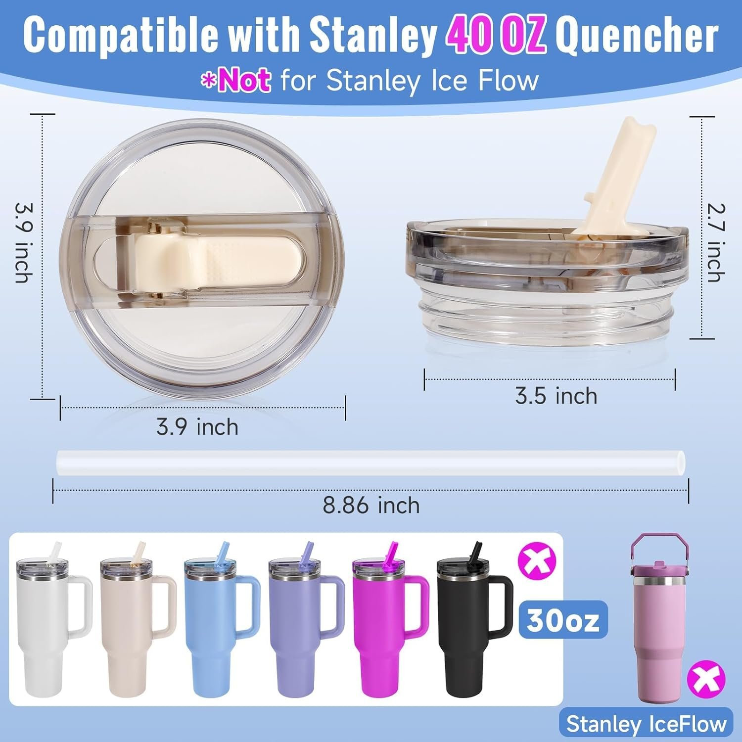 71OI1QPu59L._AC_SL1500_.jpg Veko Stanley Cup s ochranou proti vytečeniu, 2 ks Odnímateľné náhradné veko na poháre s objemom 40 oz, obsahujúce 2 slamky, 1 kefku na slamky a 1 nástroj na demontáž, opakovane použiteľné veko odolné proti prachu