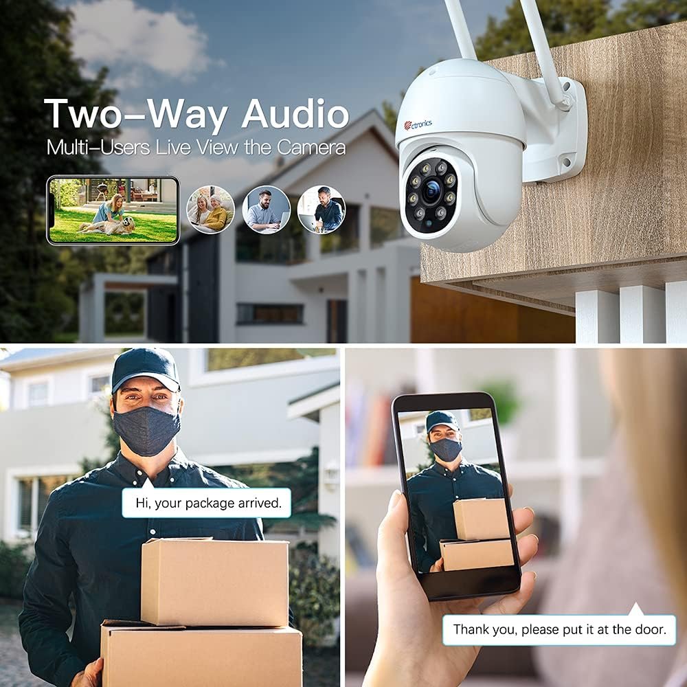 71QO4C1-ZL._AC_SL1000_.jpg Monitorovacia kamera Ctronics PTZ, WiFi, vonkajšia, IP kamera, 1080p, rozpoznávanie osôb, automatické sledovanie, 355°, naklápacie, 90°, obojsmerný zvuk, vodotesná, IP66, podporuje P2P