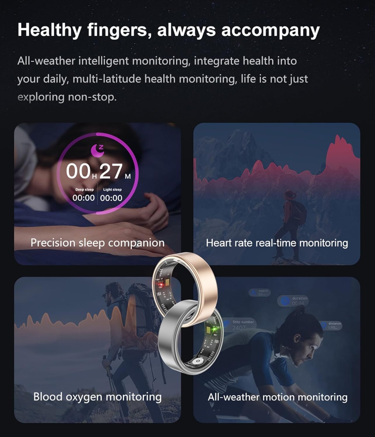 71YoQkm0Z5L._AC_SL1500_.jpg Inteligentný prsteň Fitness Ring Tracker Inteligentné prstene pre mužov a ženy Krokomer Sledovač aktivity Vodotesný do 5 ATM Sledovač spánku Inteligentný prsteň na meranie srdcovej frekvencie Meranie srdcovej frekvencie Fitness tracker Smart
