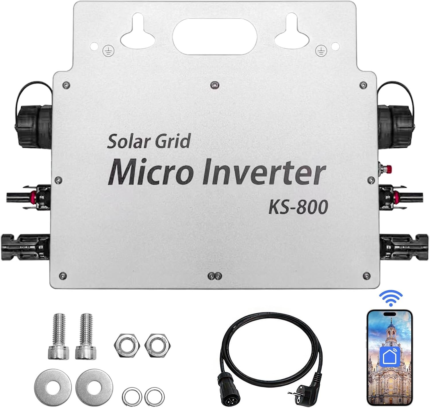 71tNbSrsVsL._AC_SL1500_.jpg Menič 800 W – menič IP65 vodotesný – solárny menič s aplikáciou WLAN pre 2 solárne moduly pre balkónovú elektráreň, menič pre balkónovú elektráreň 190–270 V AC, strieborný
