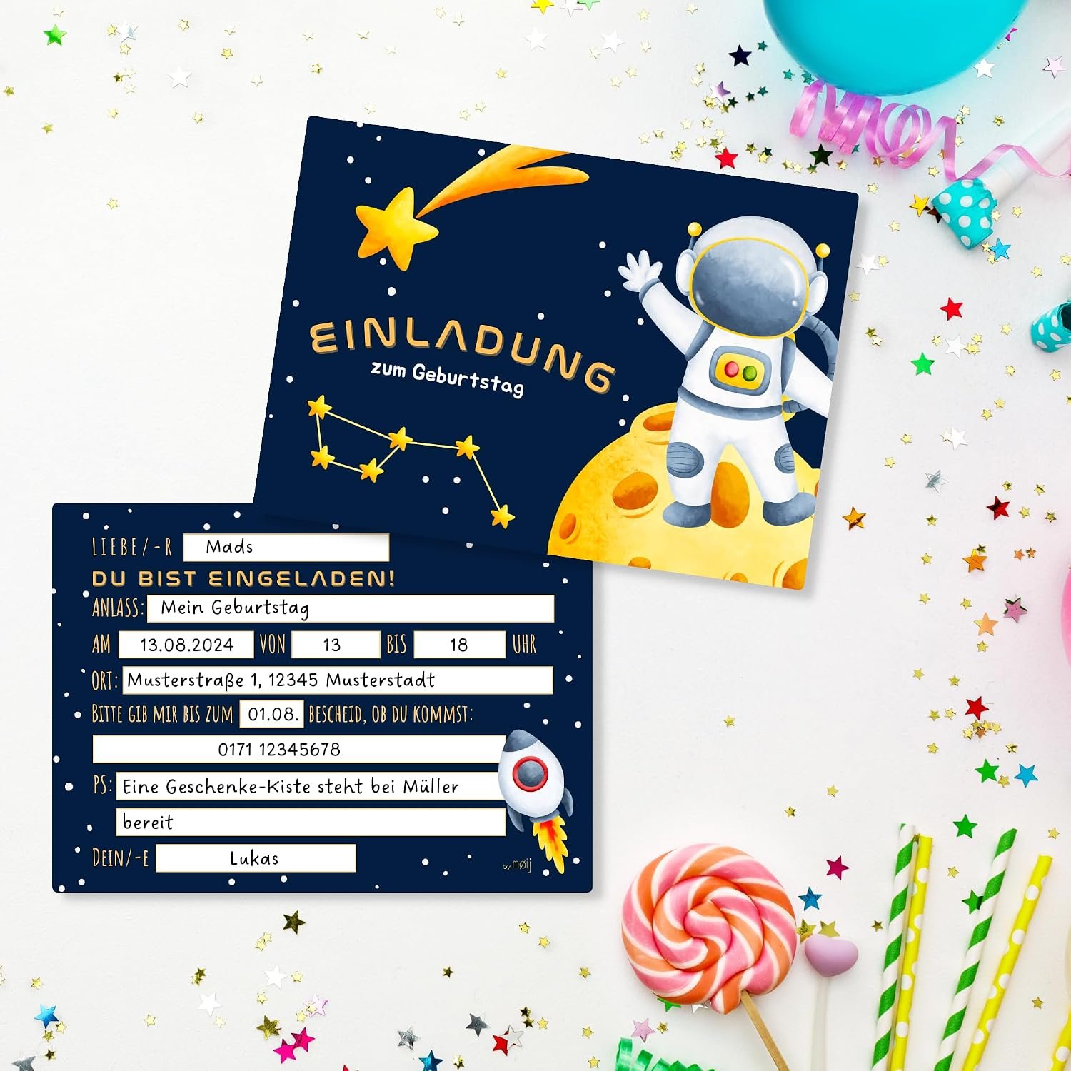 12× pozvánka + vhodné obálky pre chlapcov a dievčatá na detské narodeniny – galaktické pohľadnice s motívom astronauta