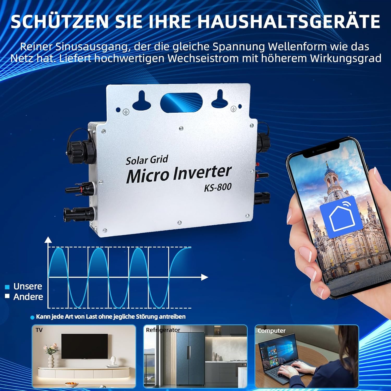 81KR37SkNDL._AC_SL1500_.jpg Menič 800 W – menič IP65 vodotesný – solárny menič s aplikáciou WLAN pre 2 solárne moduly pre balkónovú elektráreň, menič pre balkónovú elektráreň 190–270 V AC, strieborný