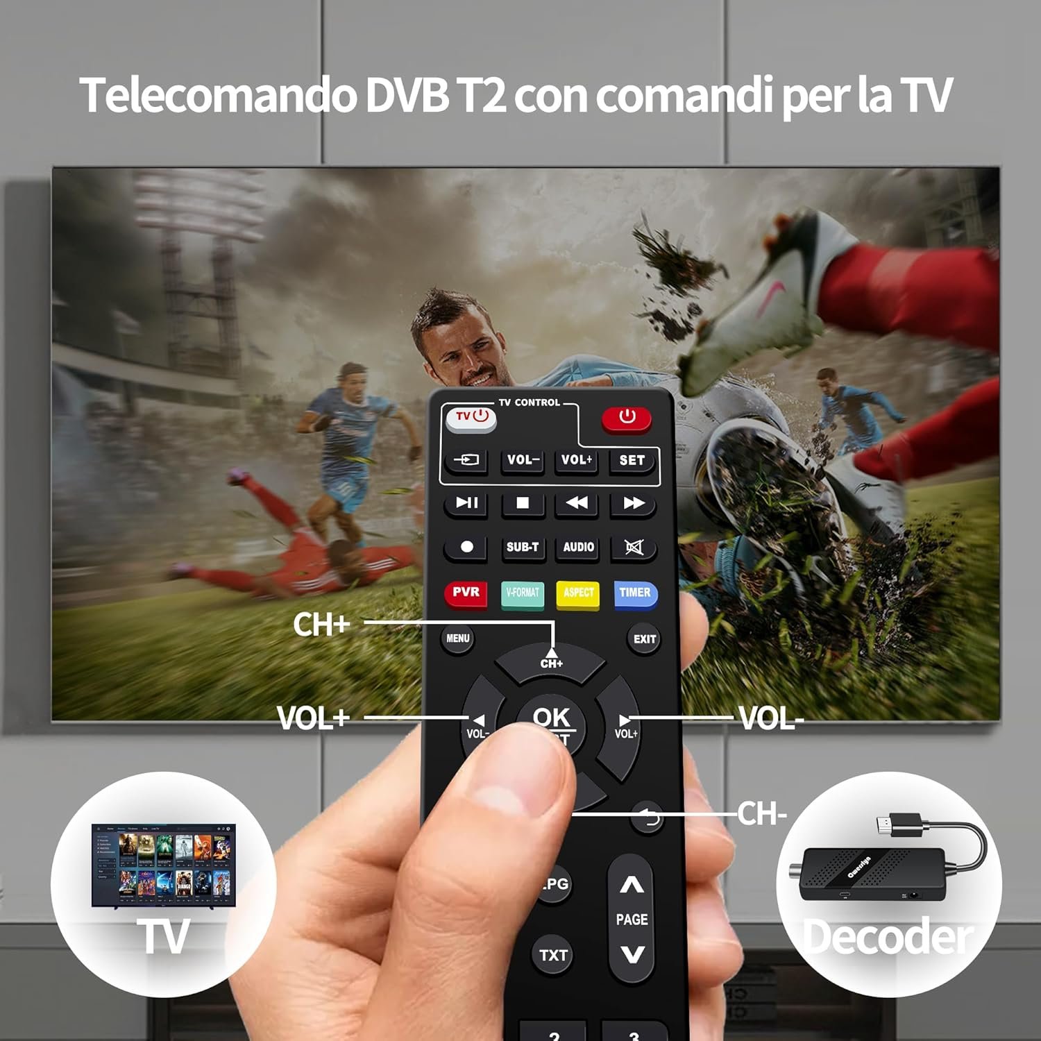 Digitálny pozemný dekodér 2024 DVB-T2 HD 1080p H.265 HEVC Main 10 bitov, TV Stick s podporou HDMI CEC, výstupom HDMI/AV a multimediálnymi funkciami USB, funkciou PVR, infračerveným diaľkovým ovládačom 2 v 1 (M3 Stick)
