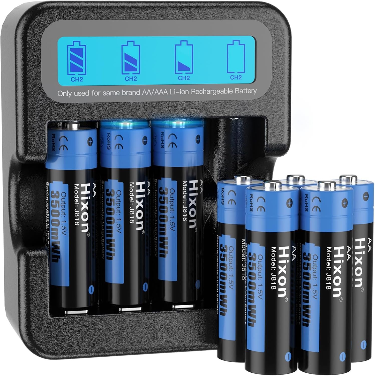 81eyJrOKtUL._AC_SL1500_.jpg Hixon lítiová AA batéria, dobíjateľná 1,5 V AA batéria, 3500 mWh a 1600 dlhých cyklov, 8 ks 1,5 V AA batérií s čiernym LCD displejom a rýchlou nabíjačkou