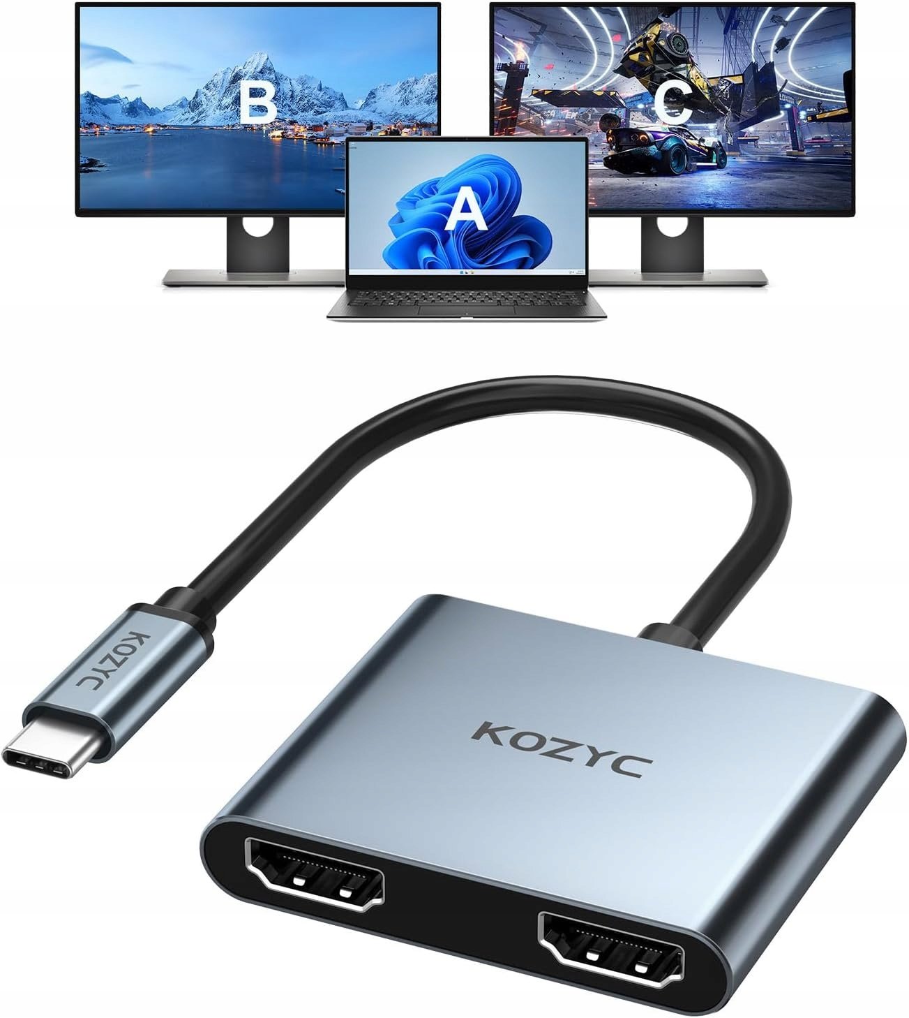 N979 KOZYC USB-C na duálny HDMI adaptér 4K@60Hz rozbočovač