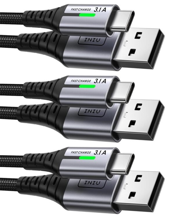 INIU — sada troch nabíjacích káblov USB-A na USB-C s opletom 0,5 m a 2 m