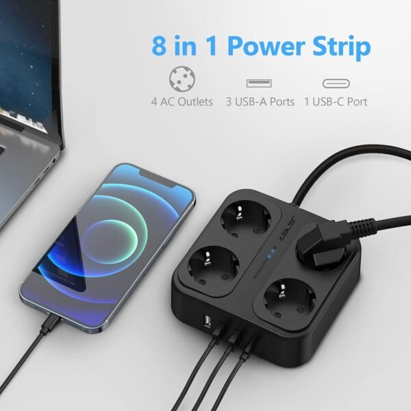 02-227.jpg JSVER zásuvková lišta 4 zásuvky 3× USB-A a USB-C — kábel 3 m čierna