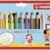 STABILO woody 3 in 1 — sada 10 hrubých pasteliek so strúhadlom