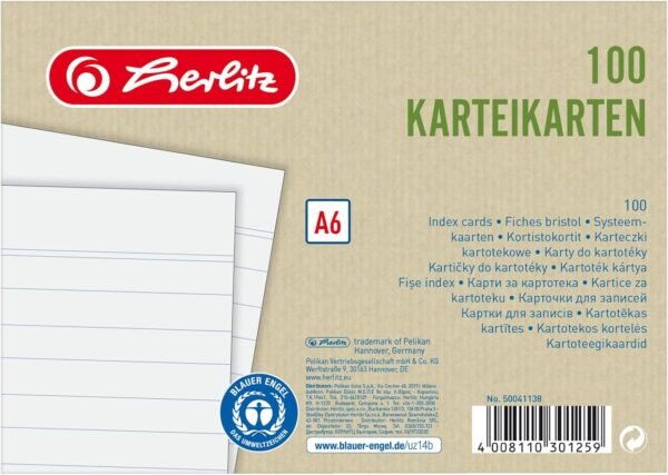 Herlitz — kartotékové lístky A6 linajkované biele balenie po 100 kusov