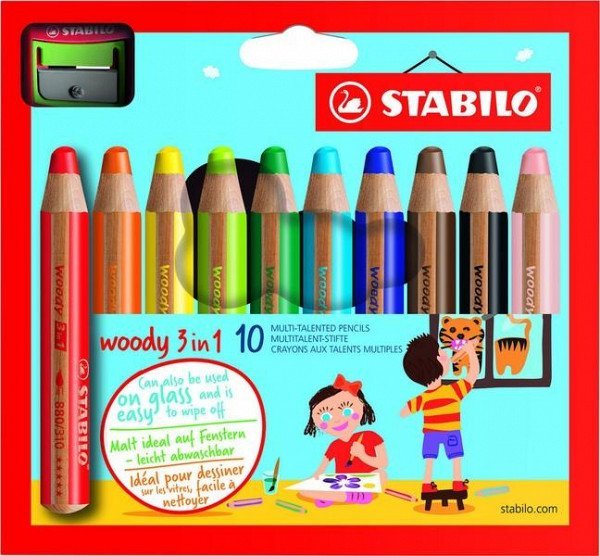 STABILO woody 3 in 1 — sada 10 hrubých pasteliek so strúhadlom