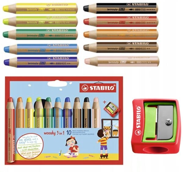 STABILO woody 3 in 1 — sada 10 hrubých pasteliek so strúhadlom