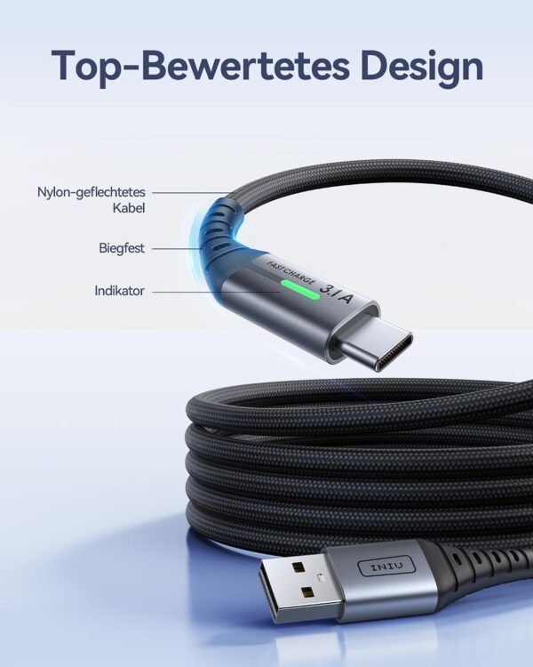 INIU — sada troch nabíjacích káblov USB-A na USB-C s opletom 0,5 m a 2 m