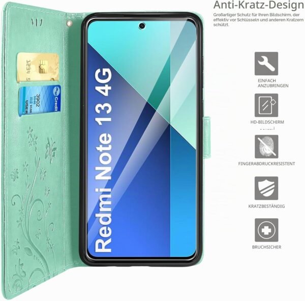 AROYI — knižkové puzdro na Xiaomi Redmi Note 13 4G s fóliou mätovozelené