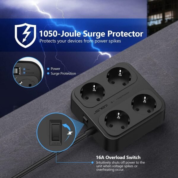04-97.jpg JSVER zásuvková lišta 4 zásuvky 3× USB-A a USB-C — kábel 3 m čierna