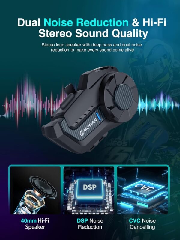 Moman H2 Pro — Bluetooth interkom do prilby s dosahom 1000 m pre dvoch jazdcov