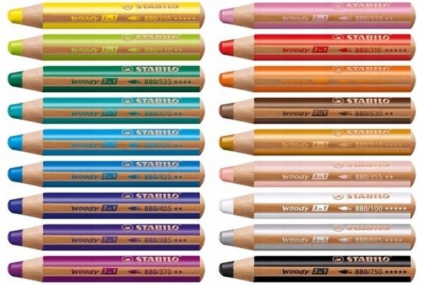 STABILO woody 3 in 1 — sada 10 hrubých pasteliek so strúhadlom