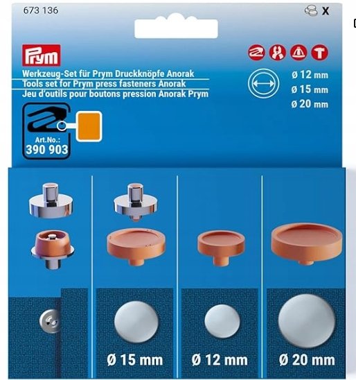 T6970 Prym 673136 Sada náradia na pripevnenie patentiek Prym Anorak, 12, 15 a 20 mm