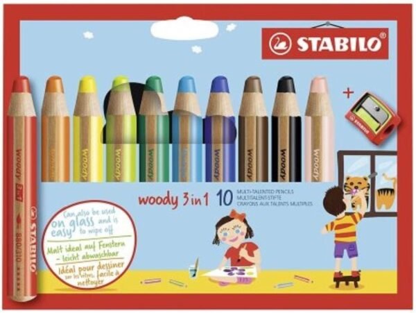 Hrubé pastelky XXL Stabilo Woody 3v1 10 farieb s orezávačom Woody