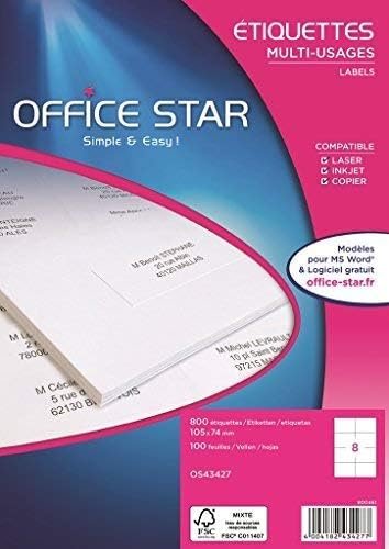 41kcPPdPXaL._AC_.jpg OFFICE STAR – 800 samolepiacich univerzálnych štítkov, biele, s možnosťou personalizácie, potlačiteľné, rozmery 105 x 74 mm, vhodné pre laserové, atramentové tlačiarne a kopírky