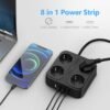 3 m predlžovací kábel, JSVER – viacnásobná zásuvková lišta so 4 priehradkami, 3 portmi USB A a 1 portom USB C, rozbočovač so vypínačom, montáž na stenu, prepäťová ochrana, predlžovací kábel pre domácnosť a kanceláriu, čierny