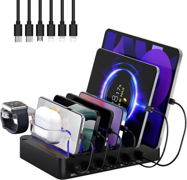Nabíjacia stanica USB-C Multi Dock s 6 portmi PD 96 W, inteligentná rýchlonabíjacia stanica s 3x PD 20 W, USB-C nabíjací konektor, kompatibilná s telefónmi, iPadmi, hodinkami, stojanmi, tabletmi a ďalšími zariadeniami (6 káblov)