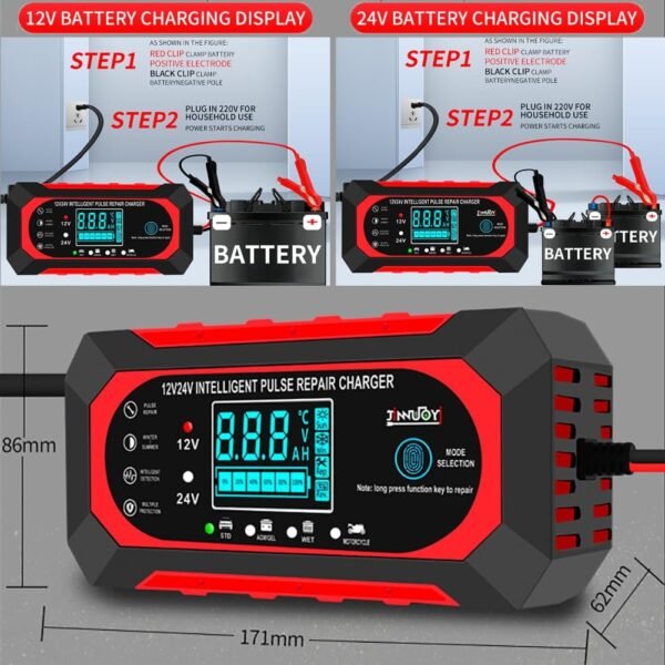 61CKpw99PAL._AC_SL1001_.jpg 10 A nabíjačka autobatérií, 12 V/24 V Smart – plne automatická nabíjačka do auta s LCD displejom, vhodná pre osobné a nákladné automobily, motocykle, kosačky na trávu, člny a lodné batérie