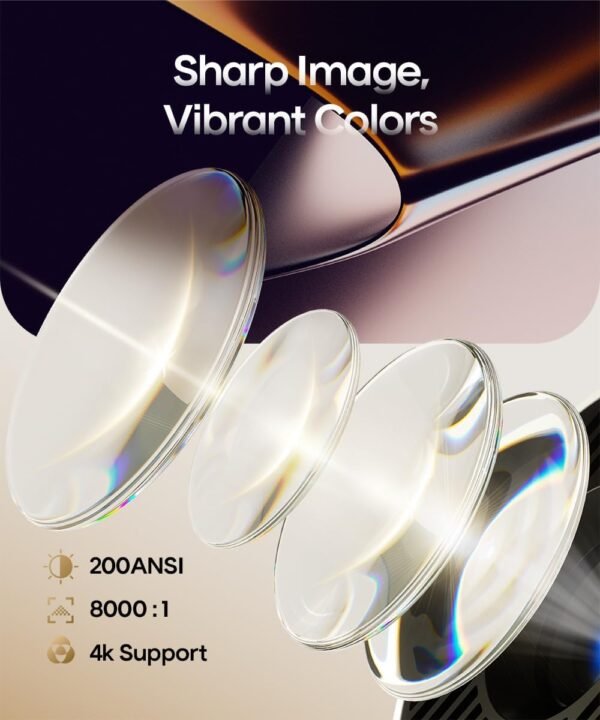 61ImuKfUloL._AC_SL1200_.jpg Mini prenosný projektor s automatickou korekciou lichobežníka, 4K / 200 ANSI, inteligentný projektor s WiFi 6, BT 5.4, 130-palcová obrazovka, otočenie o 180 stupňov, guľatý dizajn, vstavaný projektor pre domáce použitie