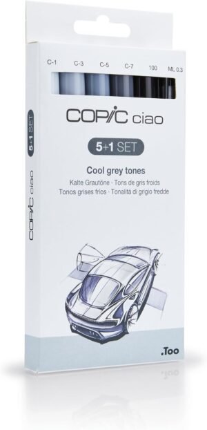61PEKdMVOZL._AC_SL1500_.jpg Sada COPIC Ciao 5+1 „Cold Grey Tones“, 5 dvojitých fixiek so stredne širokou a štetcovou špičkou, vrátane čierneho Multilineru Black 0,3 mm