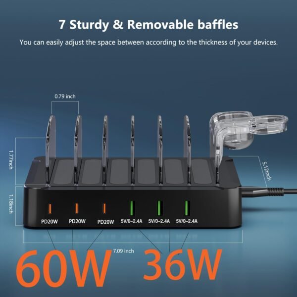 Nabíjacia stanica USB-C Multi Dock s 6 portmi PD 96 W, inteligentná rýchlonabíjacia stanica s 3x PD 20 W, USB-C nabíjací konektor, kompatibilná s telefónmi, iPadmi, hodinkami, stojanmi, tabletmi a ďalšími zariadeniami (6 káblov)
