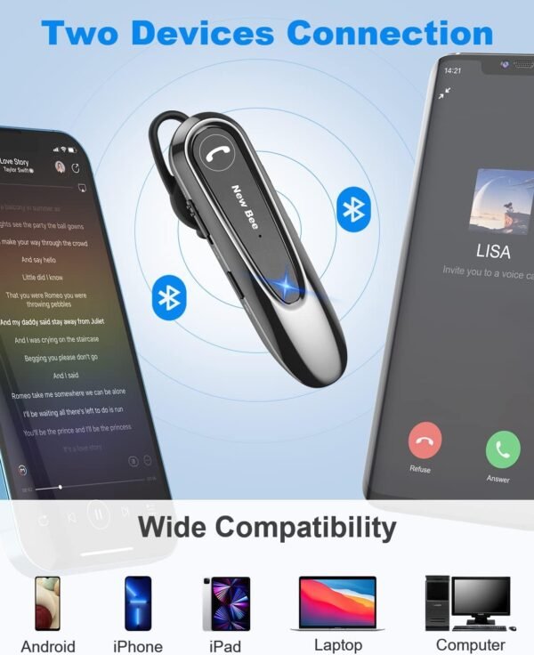 61PPz7OQoZL._AC_SL1500_.jpg New Bee Bluetooth Headset – bezdrôtová handsfree súprava s dvojitým mikrofónom, Bluetooth V5.0, s výdržou 20 hodín hovoru, funkciou stlmenia mikrofónu a možnosťou pripojenia dvoch zariadení – pre iPhone, Android a notebook
