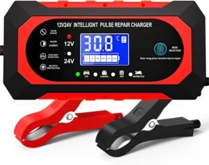 61QT2GsUPSL._AC_SL1500_.jpg 10 A nabíjačka autobatérií, 12 V/24 V Smart – plne automatická nabíjačka do auta s LCD displejom, vhodná pre osobné a nákladné automobily, motocykle, kosačky na trávu, člny a lodné batérie