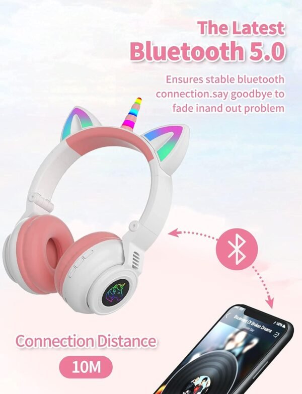 hisonic Slúchadlá s motívom jednorožca a Bluetooth, detské náhlavné slúchadlá od 3 rokov, s farebnými svetielkami, skladacie, nastaviteľné, bezdrôtové aj s káblom, s integrovaným mikrofónom pre dievčatá. (biela)