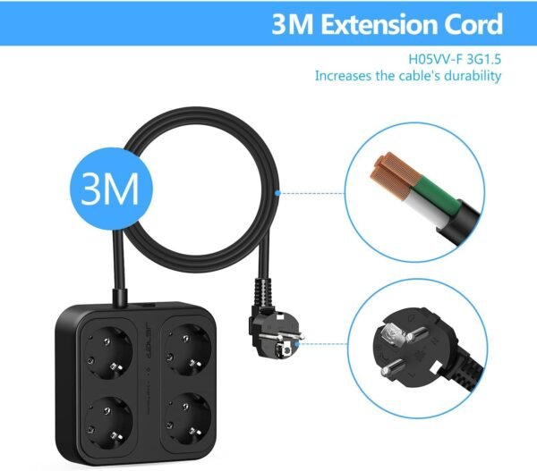 3 m predlžovací kábel, JSVER – viacnásobná zásuvková lišta so 4 priehradkami, 3 portmi USB A a 1 portom USB C, rozbočovač so vypínačom, montáž na stenu, prepäťová ochrana, predlžovací kábel pre domácnosť a kanceláriu, čierny