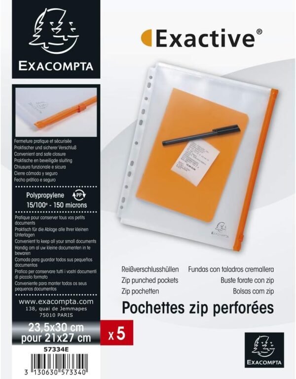 Exacompta 57334E, balenie 5 ks obalov na zips formátu DIN A4 (23,5 x 32 cm) z pevného plastu s okrajom na zasunutie, ideálne na ukladanie drobných dielov alebo peňazí, farebne roztriedené