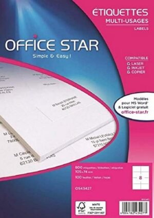 61bvsITBM2L._AC_SL1007_.jpg OFFICE STAR – 800 samolepiacich univerzálnych štítkov, biele, s možnosťou personalizácie, potlačiteľné, rozmery 105 x 74 mm, vhodné pre laserové, atramentové tlačiarne a kopírky