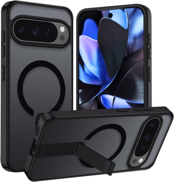 Magnetické puzdro pre Google Pixel 9/9 Pro/10/10 Pro, matné priehľadné puzdro na mobil s neviditeľným stojanom, tenký silikón odolný proti poškriabaniu, zadná strana s vojenským ochranným obalom, čierne